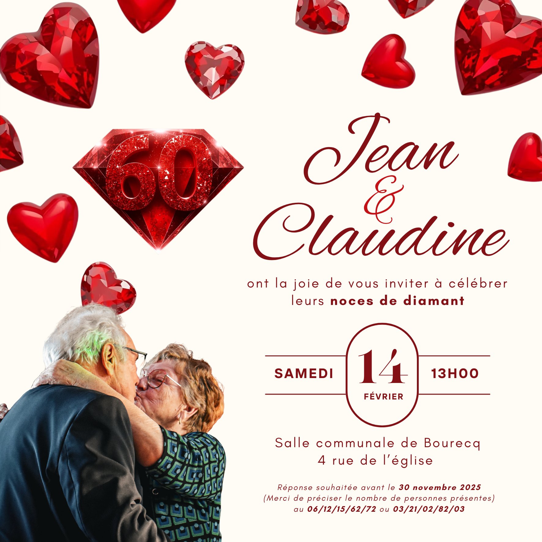 Invitation noces de diamant Jean et Claudine — cœurs rubis 3D, diamant scintillant