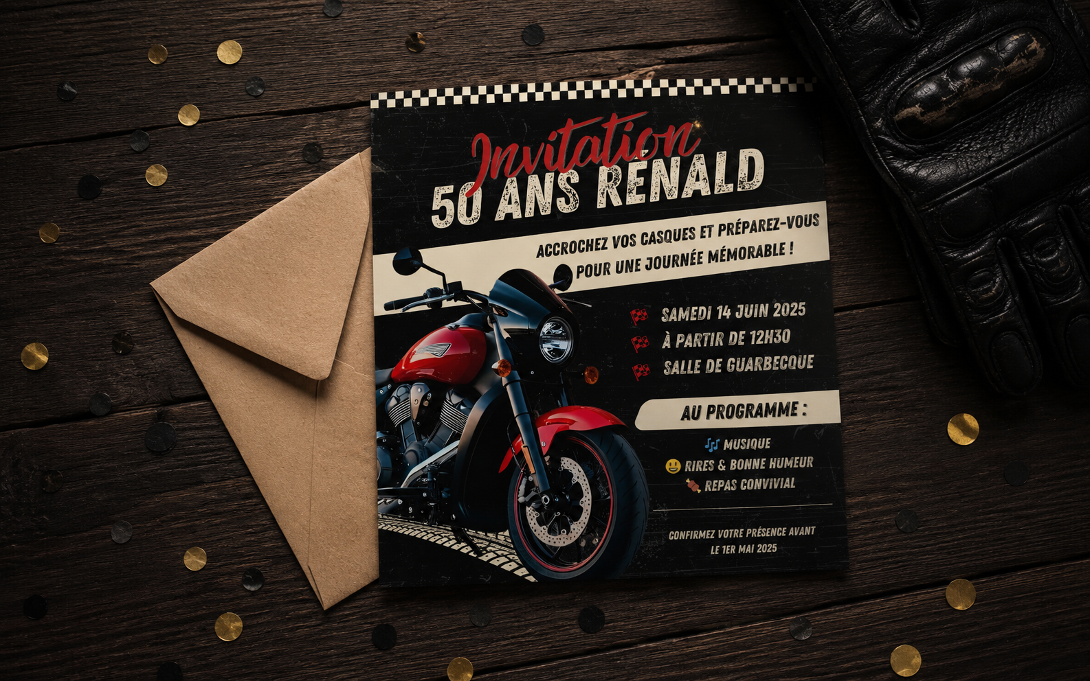 Invitation anniversaire 50 ans thème moto